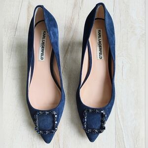 Karl Lagerfeld Dark Blue Suede Heels with Embellished Buckle Like Design.